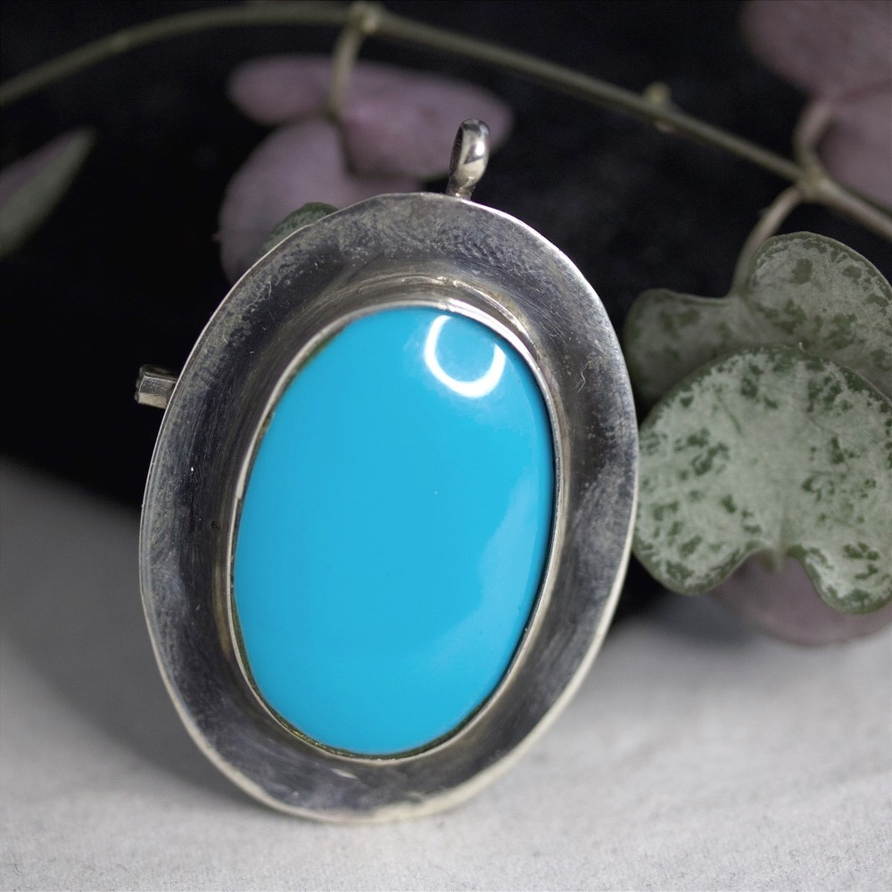 Native American Handmade Sterling Silver Turquoise Oval Brooch Pendant Pin - Picture 3 of 8